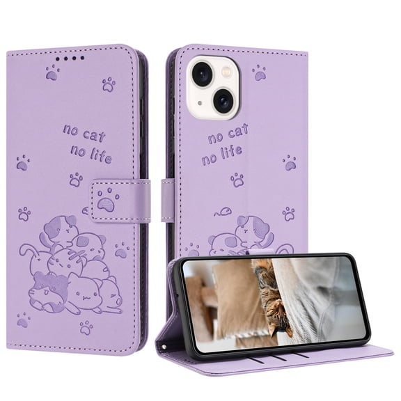 for iPhone 13 Mini Phone Case Wallet, Embossed Cute Cat Pattern Purse Case Women Girls Wrist Strap [Card Cash Slots] [Flip Kickstand] PU Leather Protection Cover for iPhone 13 Mini, Purple