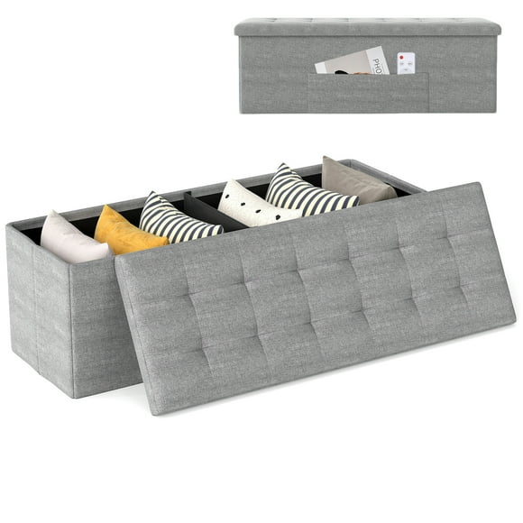 Gymax 43'' Folding Storage Ottoman Bench w/ Removable Divider & Side Pocket Bedroom Light Grey