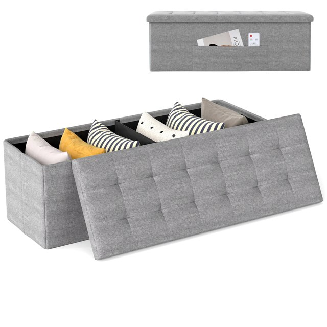 Gymax 43'' Folding Storage Ottoman Bench w/ Removable Divider & Side Pocket Bedroom Light Grey
