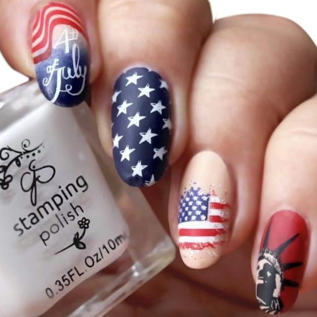 Día de la Independencia Prensa en uñas cortas patrióticas uñas postizas pegamento de almendras en uñas postizas, cubierta completa cuadrada uñas artificiales decoración de uñas para mujeres 4 de julio