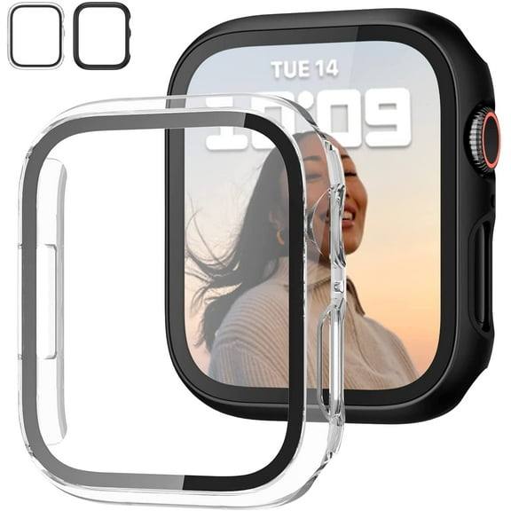 2 Pack Case for Apple Watch Series 7 45mm 41mm with Tempered Glass Screen Protector, ePacks Full Hard Ultra-Thin Scratch Resistant Bumper Protective Cover for iWatch S7 Accessories(Black, Clear)