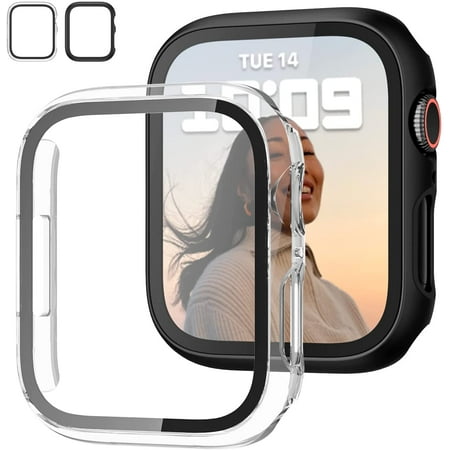 2 Pack Case for Apple Watch Series 7 45mm 41mm with Tempered Glass Screen Protector, ePacks Full Hard Ultra-Thin Scratch Resistant Bumper Protective Cover for iWatch S7 Accessories(Black, Clear)