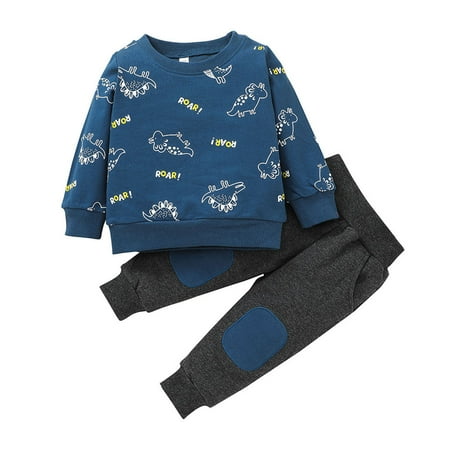 

QWERTYU Toddler Baby Child Boy 2PCS Cartoon Animal Outfit Clothing Set Long Sleeve Sweatshirt and Pants Set Dark Blue