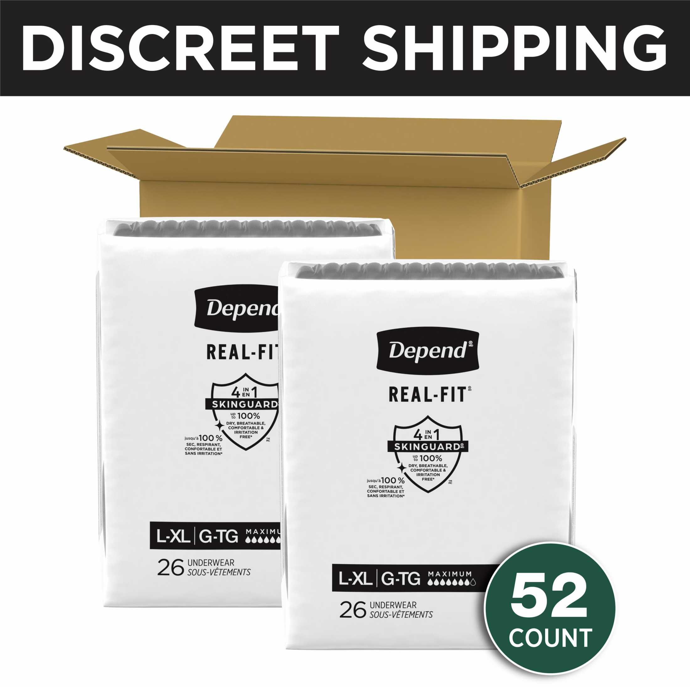 (2 pack) Depend Real Fit Incontinence Underwear for Men, Adult Diapers, L/XL, Black, 52 Count
