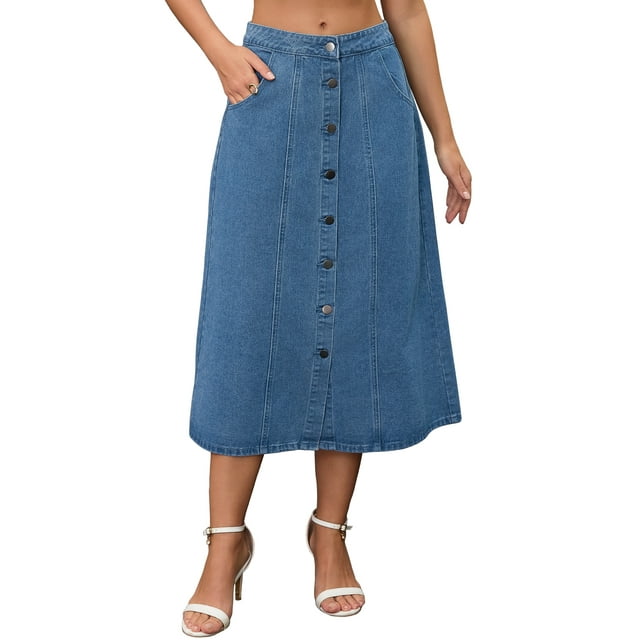 Falda de mezclilla para mujer Inspire Chic, con botones en la parte delantera, abertura, cintura alta, corte en A, con bolsillos, falda midi de mezclilla XL azul