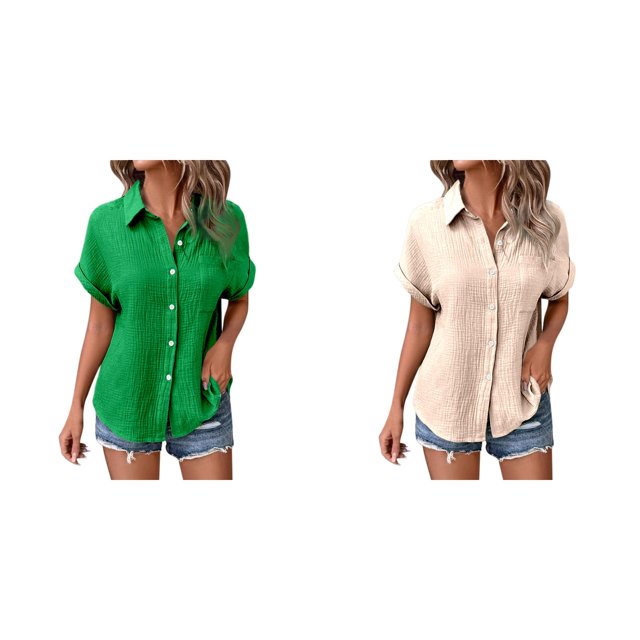 (2-Pack) Rinsvye Womens Casual Batwing Sleeve Button Down Short Sleeve Shirt Pure Color Oversized Blouse Summer Breathable Top Daily Wear Loose Fit Ladies Apparel