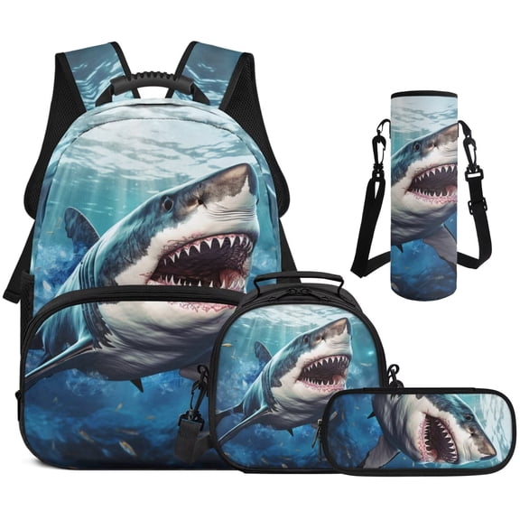 Bulopur Boys 17" Backpack Set for Elementary School 4 in 1 Waterproof Shark Bookbag with Lunch Box, Water Bottle Holder and Pencil Case, Lightweight School Bag for Kids
