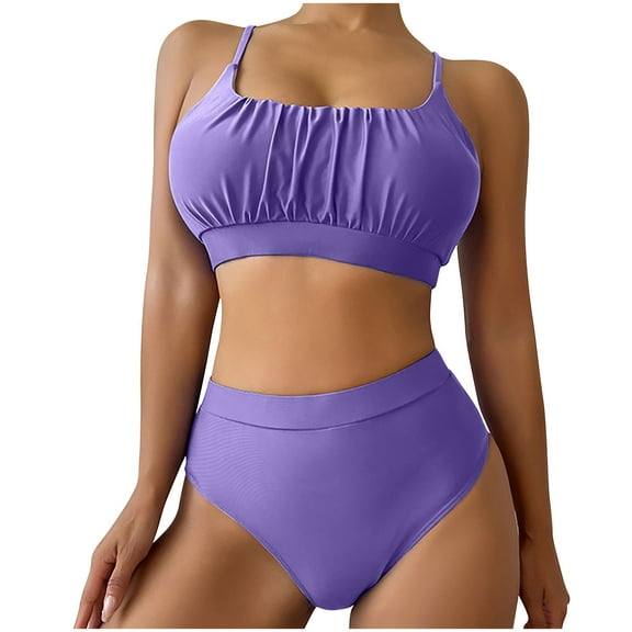 2 Piece Bathing Suit for Women High Waisted Removable Shoulder Straps Swimsuit Solid Mid Waisted Bottom Bikini