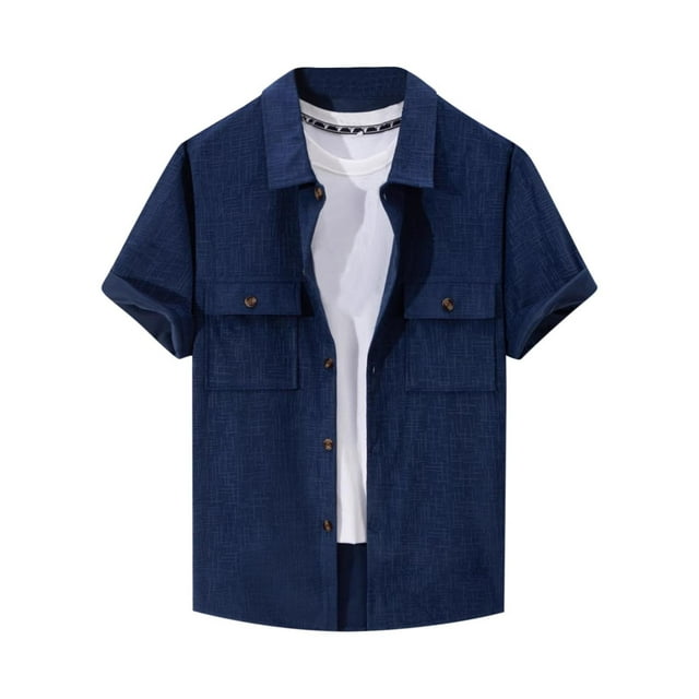 Styesk T Shirts for Man Man Casual Solid-Color Button Cardigan Double Pockets Short Sleeve Top Shirt