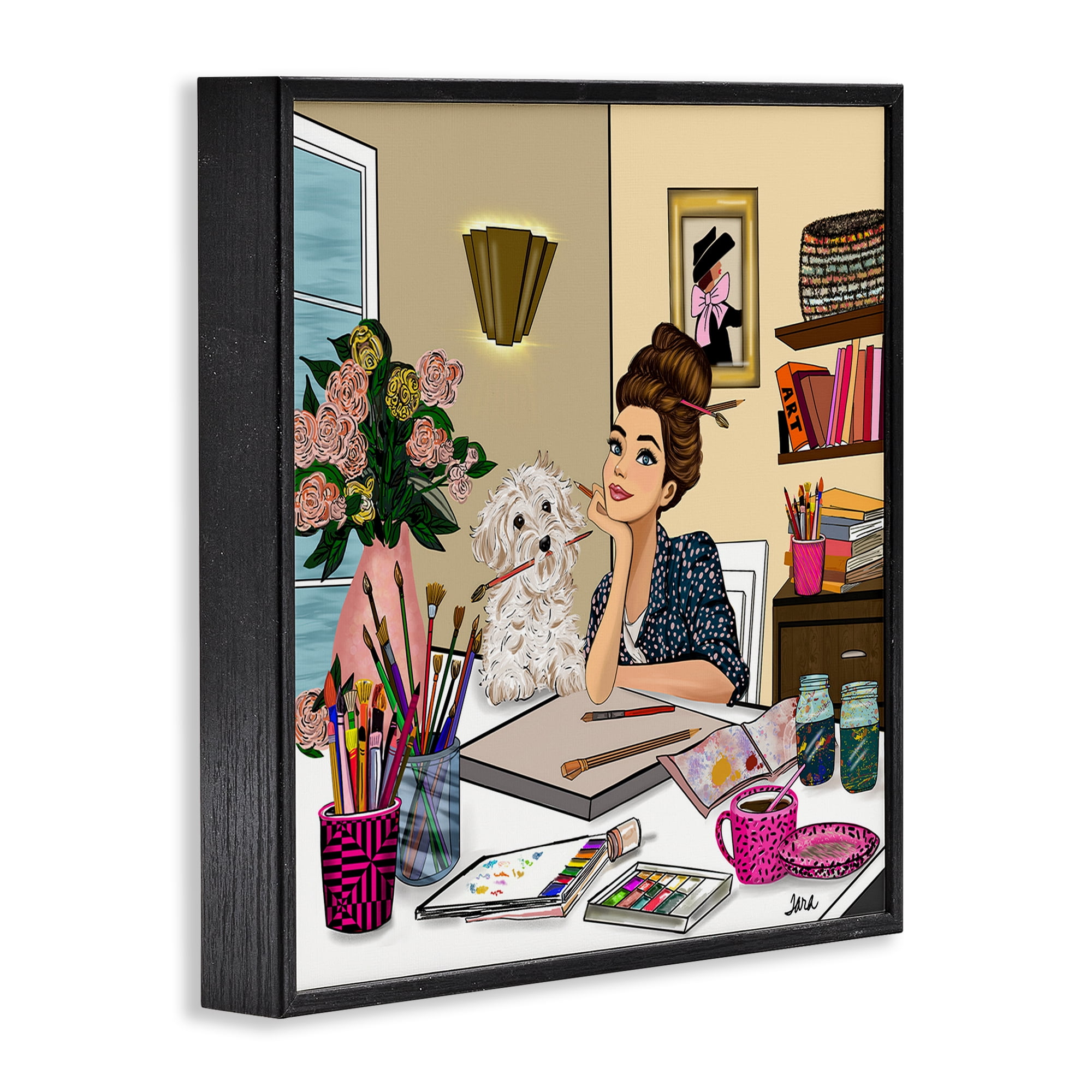Stupell Industries Creative Art Girl at Desk Black Framed Giclee Art, design by Tara Boone