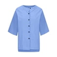 thumbnail image 4 of Dazajoo Women's Round Neck Solid Color Cotton and Linen Top Summer Short Sleeve Button Down Shirts Plus Size 3/4 Sleeve Sild Slit Trendy Tshirt for Women 2024,Blue,XXXL, 4 of 6
