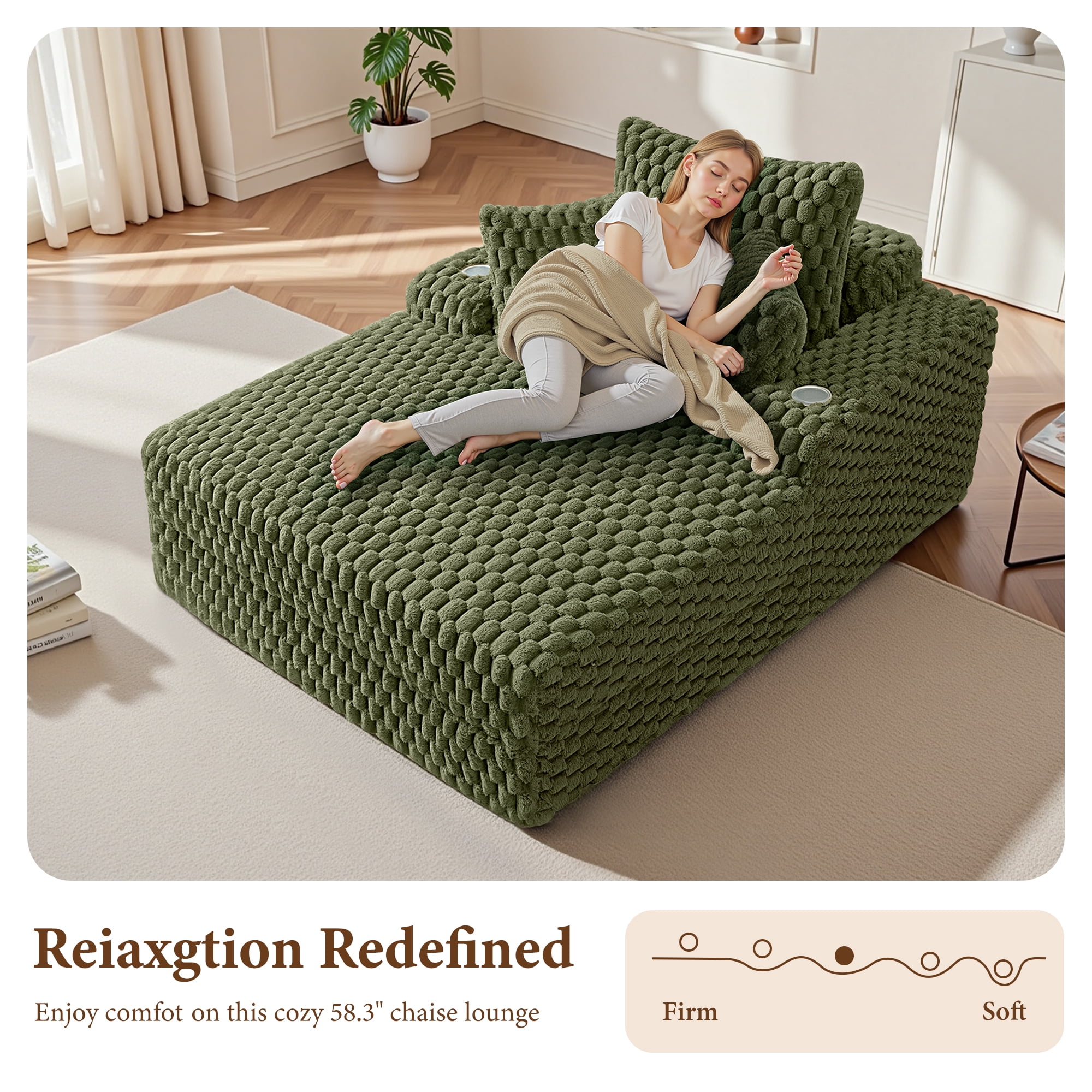 ATHOPE 67" Chaise Lounge Chair Indoor, Corduroy Couch Chair with Pillows, Comfy Reading Chairs with Wide Arms, Upholstered Sleeper Sofa for Living Room, No Assembly Required, Green
