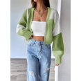 thumbnail image 5 of Women'S Color Block Open Front Long Sleeve Ribbed Knit Cropped Cardigan Sweaters Light Green XXXL, 5 of 8