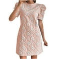 thumbnail image 2 of Lovzfmll Women's Sundress, Crew Neck Short Sleeve with Puff Sleeve & Texture, Casual Vacation Mini Dress Pink, M, 2 of 7