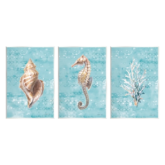 Stupell Industries Turquoise Sea Life Animals & Insects Painting Unframed Art Print Wall Art, 10 x 15, Set of 3