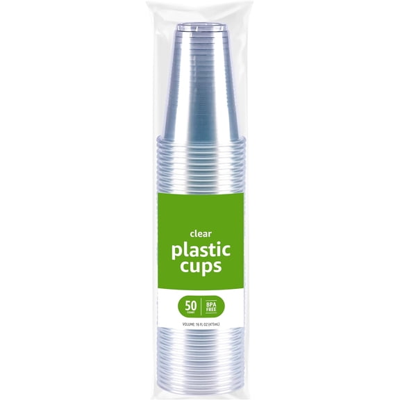 Disposable Clear Plastic Cups, 16oz, 50 Count