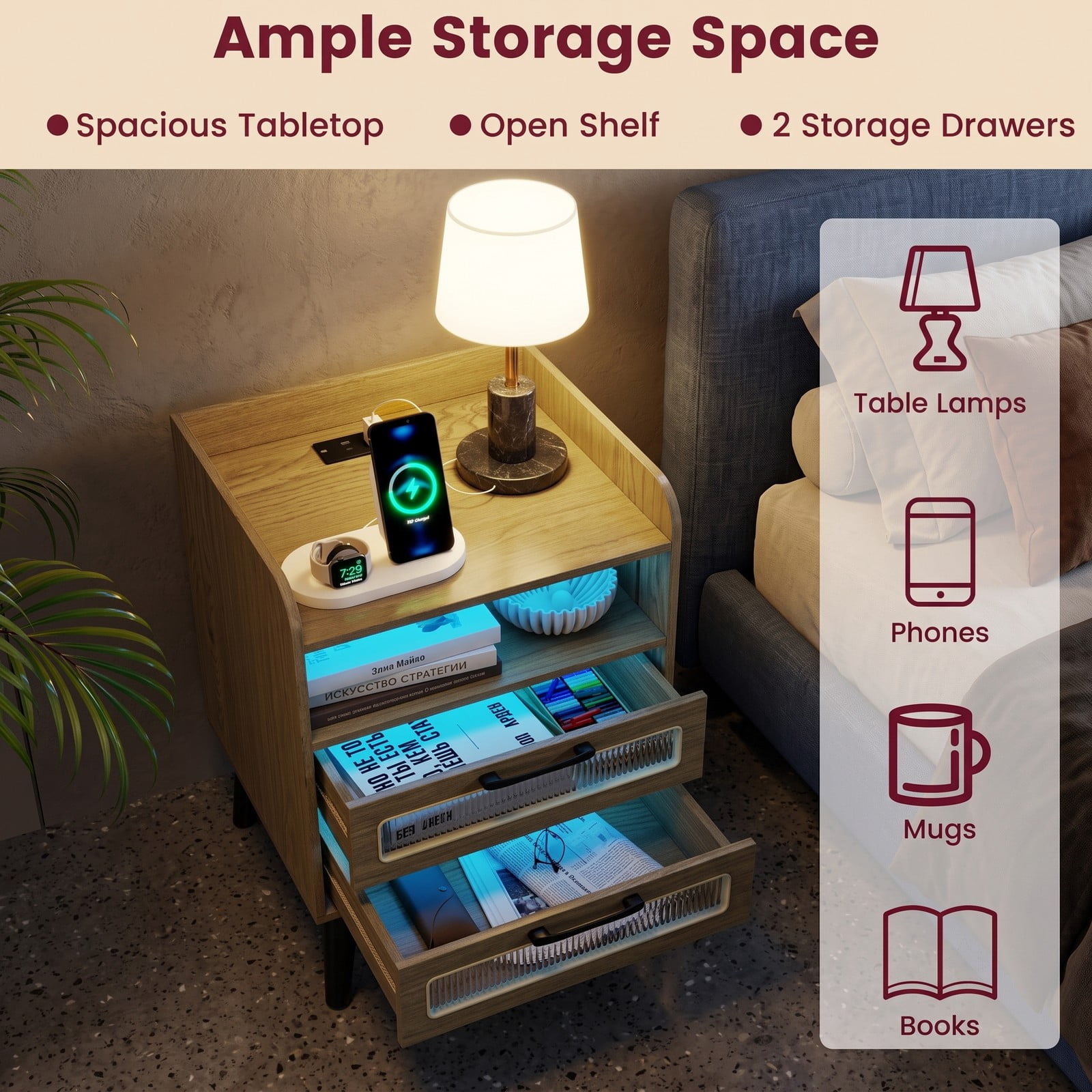 Furnibear Mid Century Nightstand with Charging Station and LED Lights, Bedside Table with 2 Drawers and Open Shelf for Bedroom, Natural
