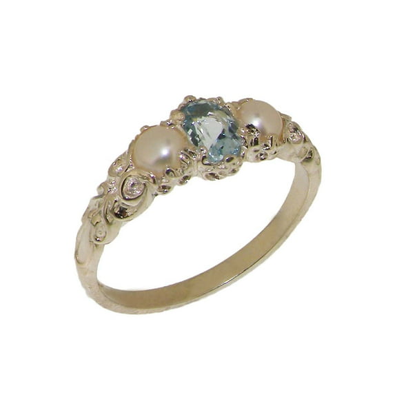 LBG British Made 14k White Gold Natural Aquamarine & Cultured Pearl Womens Trilogy Ring - 33 size options