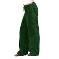 thumbnail image 1 of Ladies Pants Casual Solid Color Loose Linen Drawstring Elastic Waist Pocket Straight Leg Woman Pants Dark Green L, 1 of 3