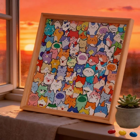 77-Piece Diy Wooden Cat Puzzle Frame, Diy Wooden Cat Puzzle Frame,interactive Kitten Puzzle Kit Creative for Home Decoration Craft Lover (12 Color Maker Pen)