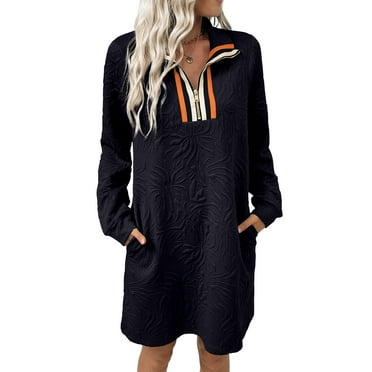 DOKOTOO Casual Dress for Women Long Sleeve Striped Zip Neck Embossed Pattern Mini Dresses