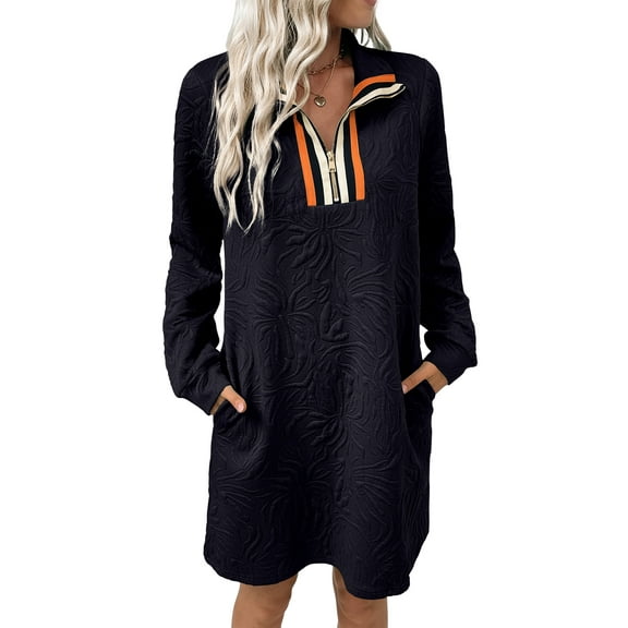 DOKOTOO Casual Dress for Women Long Sleeve Striped Zip Neck Embossed Pattern Mini Dresses