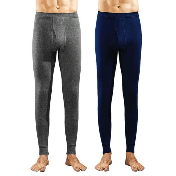 USNSM 2PC Mens Thermal Leggings, Fleece Lined Thermal Underwear Bottoms Solid Color Soft Comfortable Full Length Leggings Blue XL