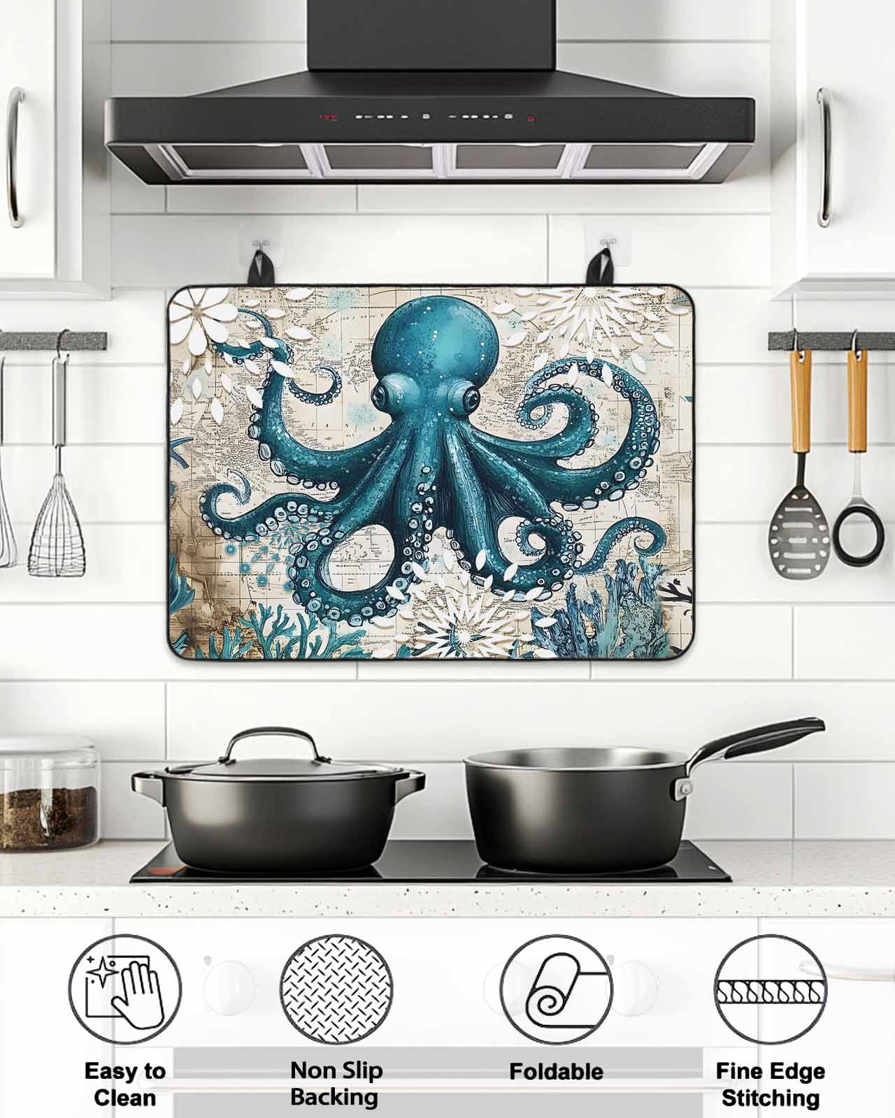 Stove Top Covers for Electric Stove, Coastal Octopus Glass Stovetop Cover Protector, Vintage Beach Teal Coral Nautical Induction Cooktop Protector Oven Mat for Kitchen Countertop 24"x21"