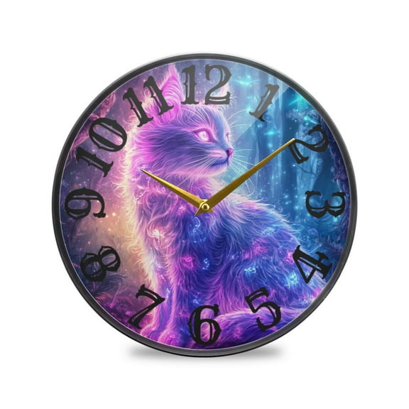 Cat Glowing Neon Hair Wall Clock 10 Inch Silent Non Ticking Battery Operated Easy to Read for Kitchen Living Room