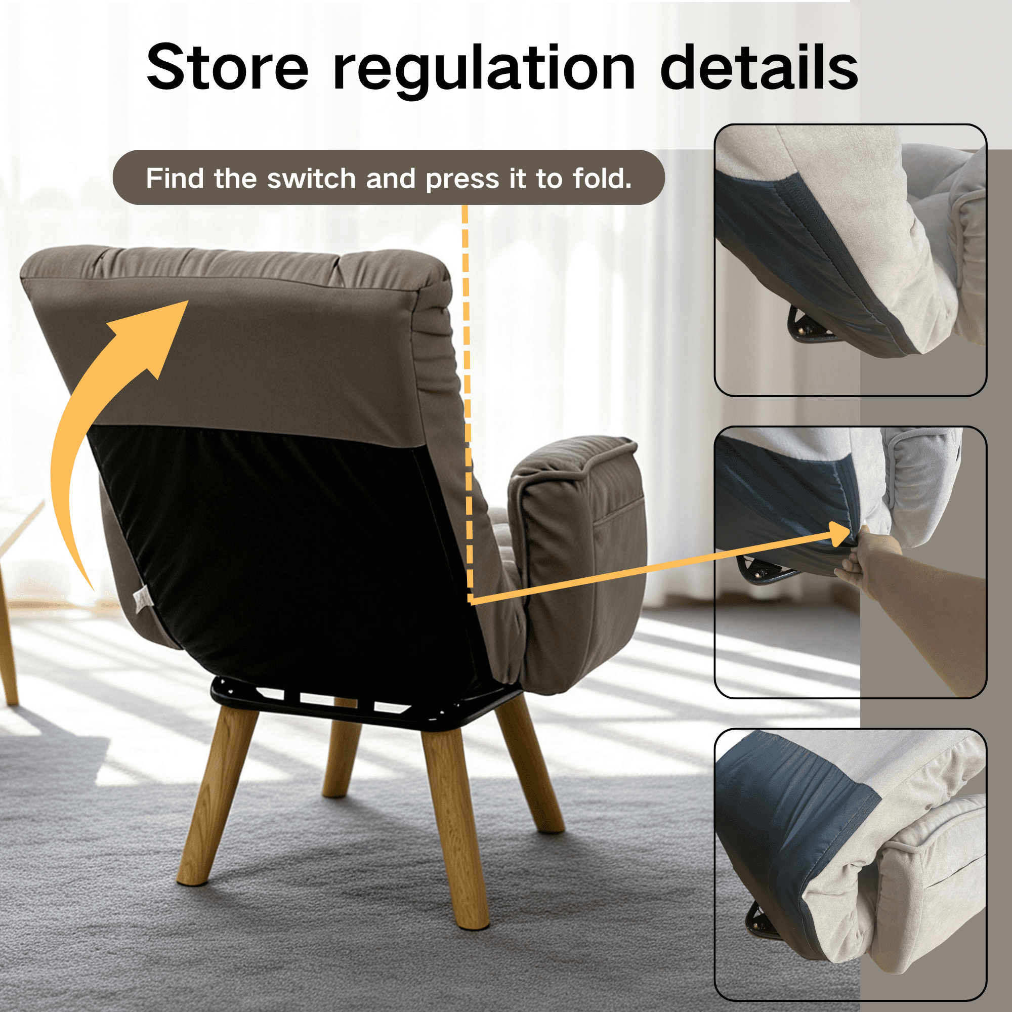 Lounge Chair with 360 Degree Rotating Seat and 3-Level Adjustable Back, Lazy Sofa Chair and Accent Seating with Solid Wood Legs for Living Room, Gray
