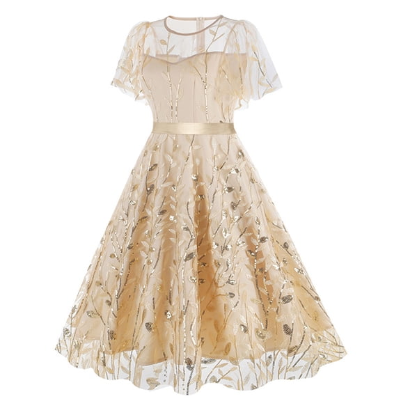 QSAWXQZ Cocktail Dress for Women Wedding Guest Formal Party Dress Sequin Embroidered Short Sleeve Tulle A Line Dress L