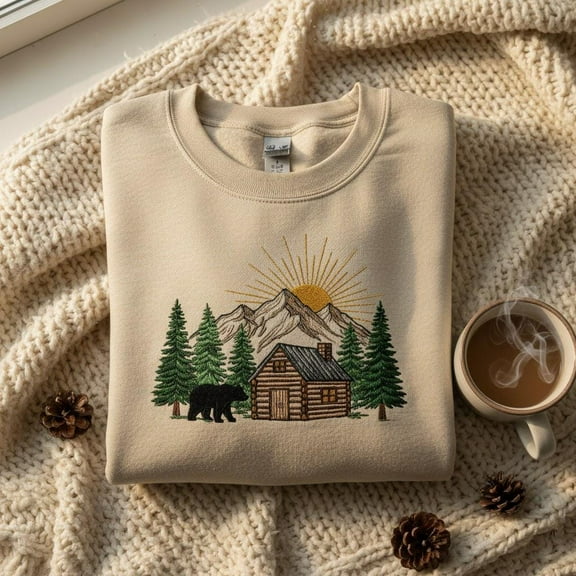 Embroidered Nature Sweatshirt, Forest Cabin Bear Mountain Pine Trees Crewneck, Adventure Hiking Camping Apparel Gift