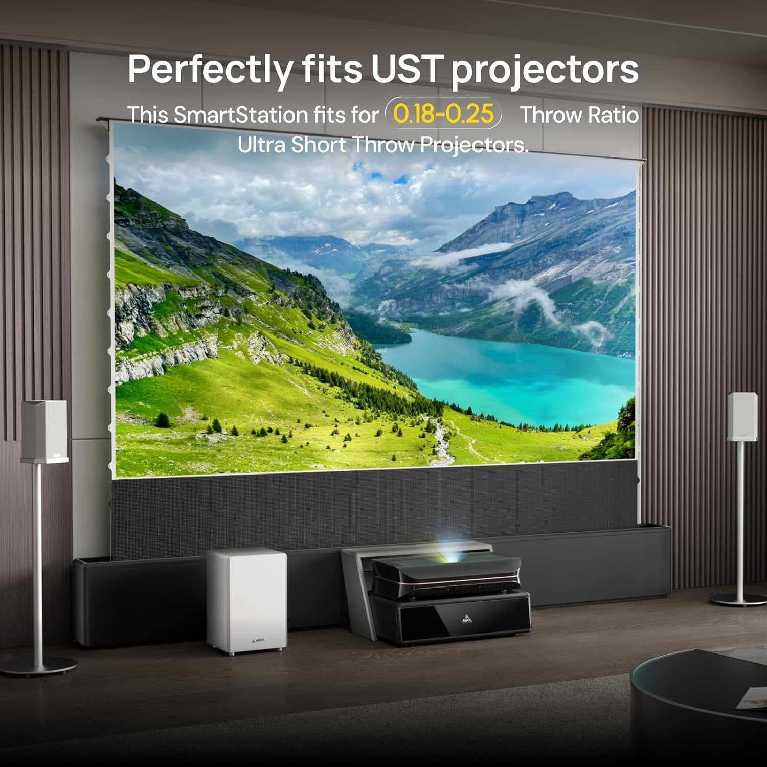 AWOL Vision RGB Glow Station 120" UST Projector Stand with RGB Lighting, Remote, Cable Management & 4-Outlet Power