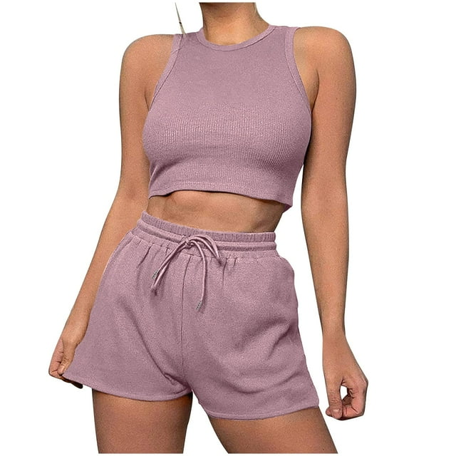 ShomPort Womens 2PC Matching Set Sleeveless Round Collar Crop Tops High Elastic Waisted Drawstring Shorts Comfort Athletic Outfits