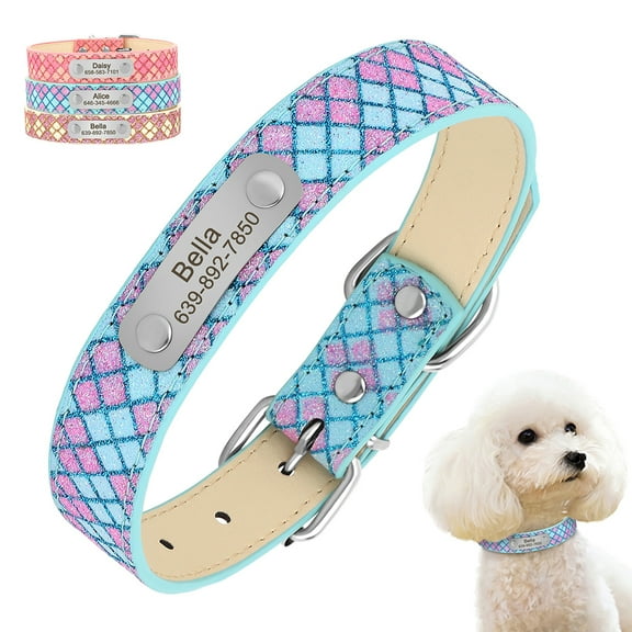 Didog Customised Bling Glitter Dog Collar Personalised Pet Name & Number Soft Leather