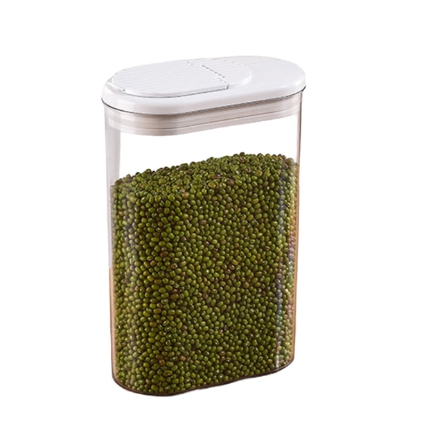 Recipiente hermético de plástico transparente con tapa abatible para la organización de la despensa, ideal para almacenar alimentos secos, como azúcar, harina, arroz, café y aperitivos.