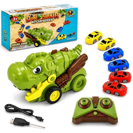 Tigozz Remote Control Dinosaur Car Toy with 6 Magnetic Mini Cars, 2-Speed 2.4GHz T-Rex Racing Set with Music, Rechargeable Gift for Kids Ages 3+
