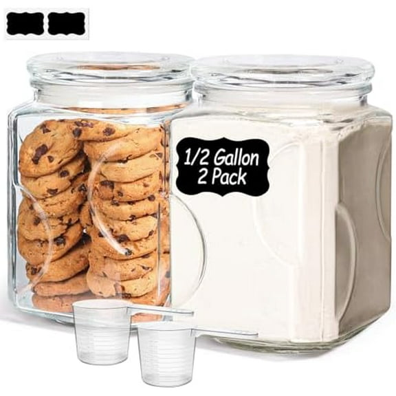 64 oz Glass Jar with Lid, 2 QT Pantry Storage Containers set with Glass Lids, Flour Sugar Storage Containers, Half Gallon Jars for Kitchen Storage and Laundry Room Containers, Set of 2