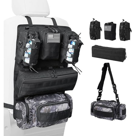 Universal Tactical Seat Back Organizer with Detachable Molle Pouch Molle Seat Back Organizer for SUV Jeep Truck 6PCS Black