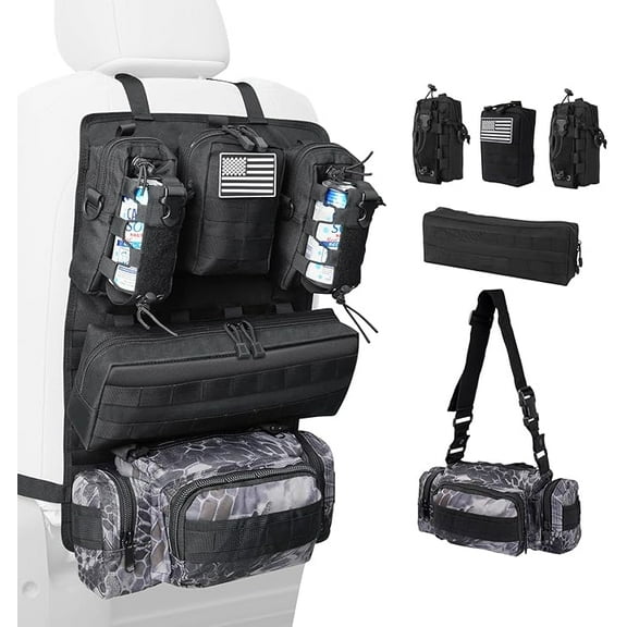 Universal Tactical Seat Back Organizer with Detachable Molle Pouch Molle Seat Back Organizer for SUV Jeep Truck 6PCS Black