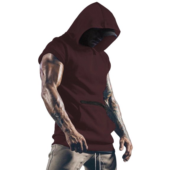 JTSRKL Mens Sleeveless Hoodies Zip Pocket Casual Athletic Pullover Loose Fit Tops Breathable Quick Drying Summer Sport Training Shirts Wine XXXL