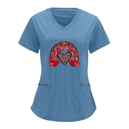 

Women Scrubs Top Working Uniform Nurses Clothing Workwear Ccasual V-Neck Valentine s Day Love Rainbow Printed Soild Color Work Shirt Streetwear