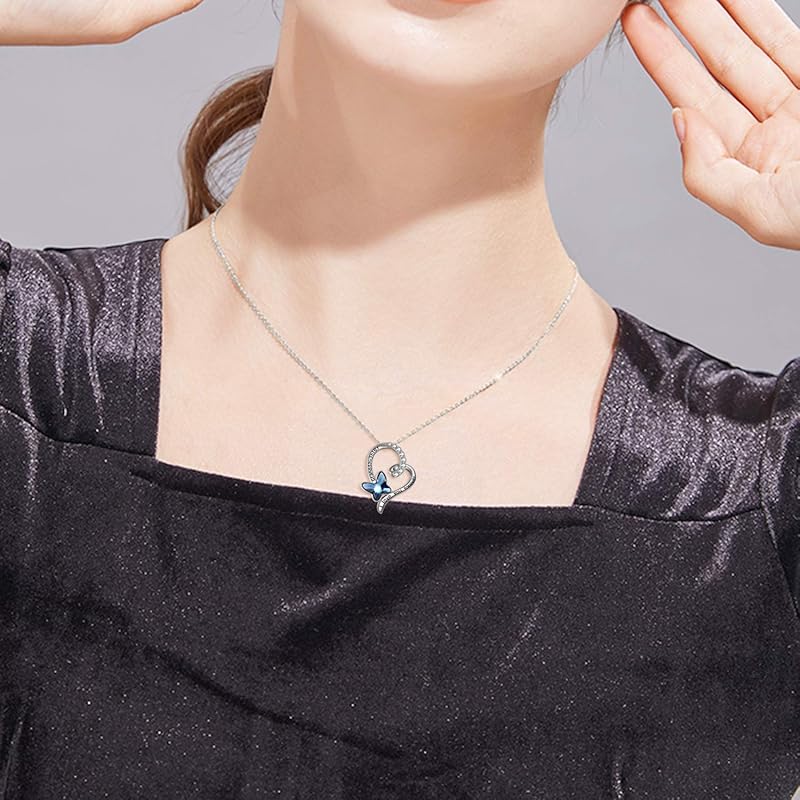 Granddaughter/Grandma/Nana/Daughter/Sister Necklace Gifts for Women 925 Sterling Silver with Blue Butterfly Crystal Heart Necklace, Valentine's Gifts for women