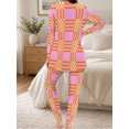 thumbnail image 5 of Women's Milk Silk Sleepwear Long Sleeve Pajama Set Pink Orange Plaid 2 Piece Loungewear, 5 of 7