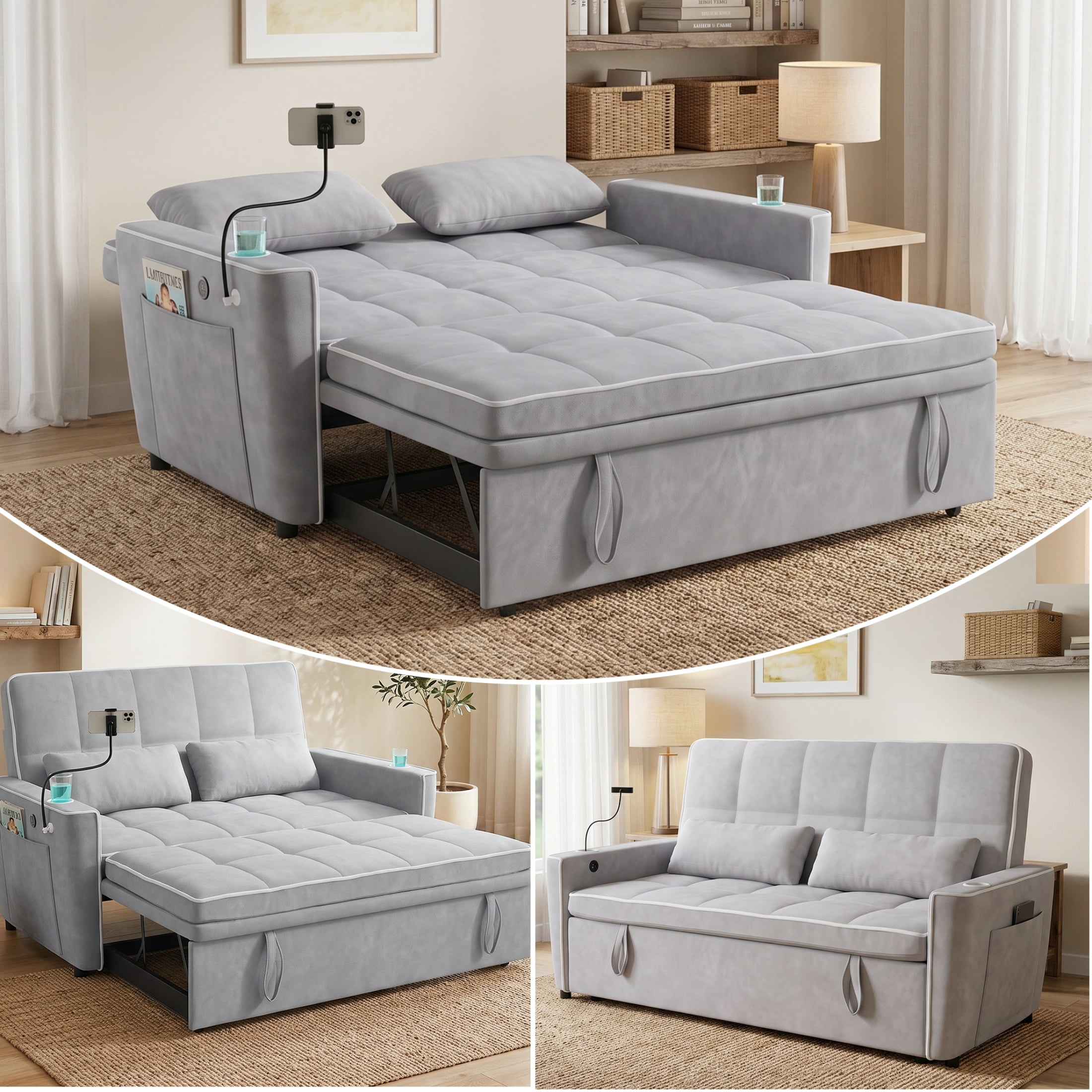 Vinform Sleeper Sofa Bed, 3 in 1 Convertible Loveseat with Phone & Cup Colder for Small Space, Gray