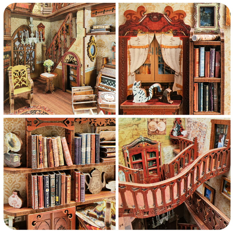  Book Nook Kit, DIY Dollhouse Booknook Miniature Kit, Ahilmrn 3D  Wooden Puzzle Bookshelf Insert Decor Creativity Tiny Bookends Model Kits  with LED Light and Music for Teens Adults : Toys 