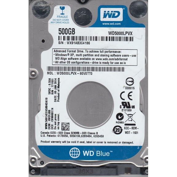 WD5000LPVX-80V0TT0, DCM HVOTJBB, Western Digital 500GB SATA 2.5 Hard Drive