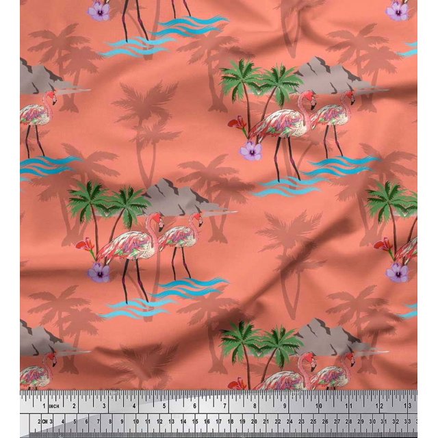Soimoi Orange polyester Crepe Fabric Palm Tree, & Flamingo Bird Printed Fabric 1 Yard 52 Inch Wide
