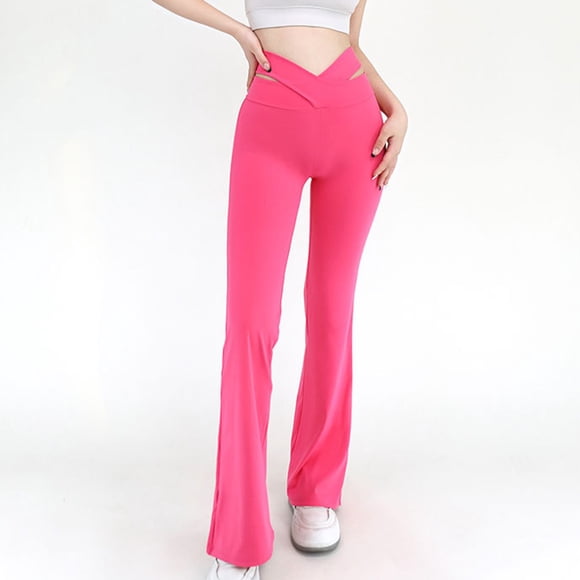 VKOYWKM Flare Leggings for Women Trendy Cut Out High Waisted Yoga Leggings Slim Fit Wide Leg Bell Bottom Leggings Solid Color Workout Leggings Size M Hot Pink