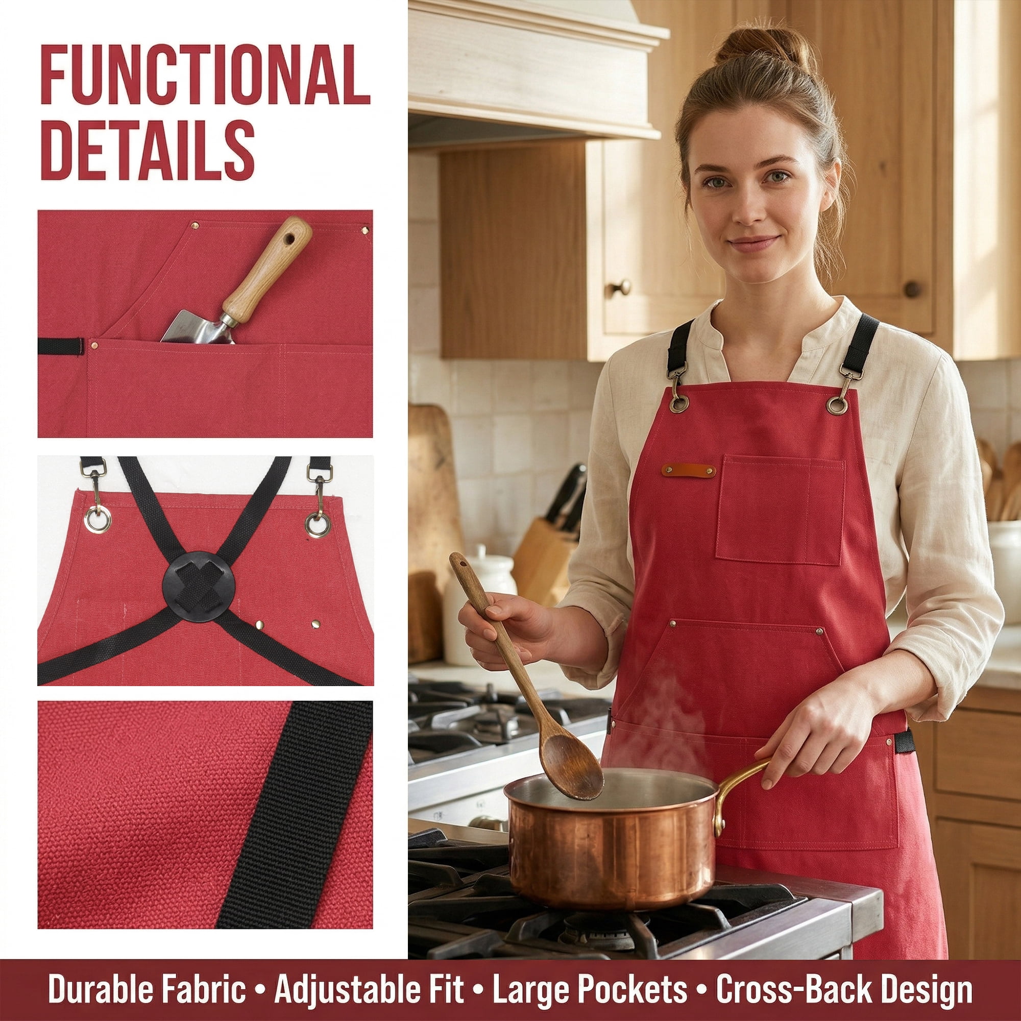 Unique Bargains Adjustable Waterproof Kitchen Apron with Pockets Durable Polyester Red
